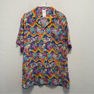 DISNEY Men's L Rainbow Pride Mickey Minnie Mouse Woven Camp Button Resort Shirt